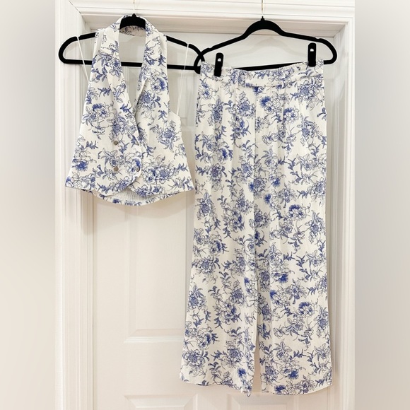 Jason Wu Linen Blend Halter Vest Style Top Wide Leg Pants Blue White Set 4 NEW - Picture 4 of 11